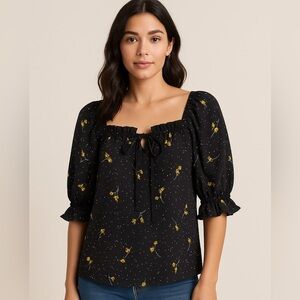 NWT CeCe Short Sleeve Black and Yellow Floral Print Blouse Size Large Tie Front